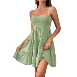 YEBIRAL Sommerkleid Damen Kuerz Sexy Spaghettiträger Freizeitkleid Sommer Leichte Strandkleid Lässig Ärmellos Minikleid Hohe Taille Mini Dress A-Linie Kleid Einfarbig Swing Kleider von YEBIRAL