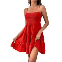 YEBIRAL Sommerkleid Damen Kuerz Sexy Spaghettiträger Freizeitkleid Sommer Leichte Strandkleid Lässig Ärmellos Minikleid Hohe Taille Mini Dress A-Linie Kleid Einfarbig Swing Kleider von YEBIRAL