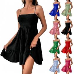 YEBIRAL Sommerkleid Damen Kuerz Sexy Spaghettiträger Freizeitkleid Sommer Leichte Strandkleid Lässig Ärmellos Minikleid Hohe Taille Mini Dress A-Linie Kleid Einfarbig Swing Kleider von YEBIRAL