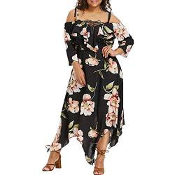 YEBIRAL Übergröße Damen Elegant Kleider Boho Sommerkleid Casual Blumen Maxikleid Schulterfrei Strandkleid Party Chiffon Lange Kleid Cocktailkleid von YEBIRAL