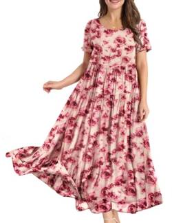 YESNO Damen Kleider Freizeit Lose Sommerkleid Lang Boho Maxikleid für Rundhals Strandkleid Blumenkleid L EJFDE CR406R von YESNO