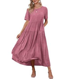 YESNO Damen Kleider Freizeit Lose Sommerkleid Lang Boho Maxikleid für Rundhals Strandkleid Blumenkleid LEJFDE Rosa von YESNO