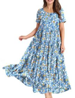 YESNO Damen Kleider Freizeit Lose Sommerkleid Lang Boho Maxikleid für Rundhals Strandkleid Blumenkleid XL EJFDE CR415 von YESNO
