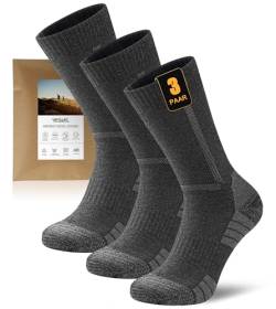 YESWEL Merino Wandersocken Herren & Damen 3 Paar, 60% Merinowolle Thermosocken 43-46, Outdoor Merino Socken Gepolstert für Trekking Sport Dunkelgrau von YESWEL