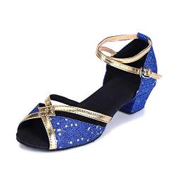 YFCH Mädchen/Damen Standard & Latein Schuhe Tanzschuhe Peep-Toe Tanz Schuhe Sandalen Pumps mit 3CM Absatz, Marineblau Glänzend, 36 EU(Label: 37) von YFCH