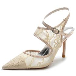 YFZBJY 3,3 '' Braut Hochzeit Schuhe Frauen Sandalen Satin Brautjungfern Prom Party Kleid Pumps Spitz Stiletto Pumps Spitze,Champagne,40 EU von YFZBJY