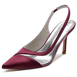 YFZBJY Frauen Geschlossene Zehe Stiletto Pumps 8,5 cm Braut Hochzeit Schuhe Slingback Schuhe Satin Brautjungfern Prom Party Kleid Pumps,Burgundy,41 EU von YFZBJY