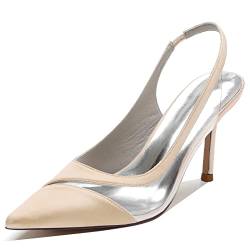 YFZBJY Frauen Geschlossene Zehe Stiletto Pumps 8,5 cm Braut Hochzeit Schuhe Slingback Schuhe Satin Brautjungfern Prom Party Kleid Pumps,Champagne,43 EU von YFZBJY