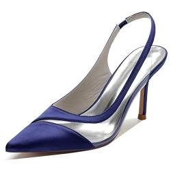 YFZBJY Frauen Geschlossene Zehe Stiletto Pumps 8,5 cm Braut Hochzeit Schuhe Slingback Schuhe Satin Brautjungfern Prom Party Kleid Pumps,Marine,38 EU von YFZBJY