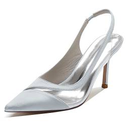 YFZBJY Frauen Geschlossene Zehe Stiletto Pumps 8,5 cm Braut Hochzeit Schuhe Slingback Schuhe Satin Brautjungfern Prom Party Kleid Pumps,Silber,37 EU von YFZBJY