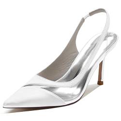 YFZBJY Frauen Geschlossene Zehe Stiletto Pumps 8,5 cm Braut Hochzeit Schuhe Slingback Schuhe Satin Brautjungfern Prom Party Kleid Pumps,Weiß,36 EU von YFZBJY