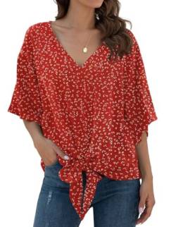 YGJIEGENG Bluse Damen Sommer Chiffon Tunika Tops Kurzarm Elegant Oberteile V-Ausschnitt Loose Casual Tie Front Trompetenärmel T Shirts Rot Blume S von YGJIEGENG