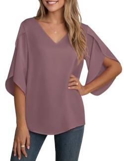 YGJIEGENG Bluse Damen Sommer Tunika Shirt V-Ausschnitt Elegant Oberteile Chiffon Loose 3/4 Ärmel Casual Leicht Tops mit Glockenärmeln Mocha M von YGJIEGENG