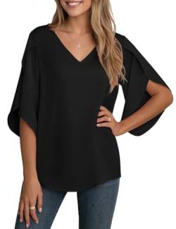 YGJIEGENG Bluse Damen Sommer Tunika Shirt V-Ausschnitt Elegant Oberteile Chiffon Loose 3/4 Ärmel Casual Leicht Tops mit Glockenärmeln Schwarz 2XL von YGJIEGENG