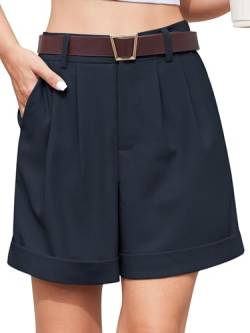 YGJIEGENG Shorts Damen Sommer Kurze Hosen Lässig Elastische Taille Weites Bein Business Anzug Tailored Shorts mit Taschen Blau 2XL von YGJIEGENG