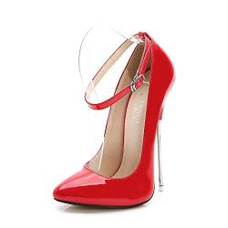 Damen 16cm Sexy Stiletto Pumps Ankle Strap High Heels Spitzen Hochzeit Party Kleid Schuhe (Rot,42EU) von YGJKLIS