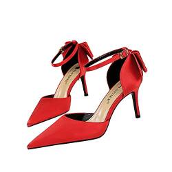 YGJKLIS Damen Knöchelriemchen Sandale 8cm Sexy Stiletto Pumps Schleife schmücken Mode Büro Schuhe Hochzeit Party High Heels (Rot,42EU) von YGJKLIS