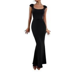 Damen Mode Ärmellos Fit Flare Elegante Cocktail Party Kleid Solid Wrap Kleid Brautjungfer Abend Party langes Kleid (Schwarz,S) von YGJKLIS