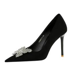 YGJKLIS Damen 9CM Metall Bogen Dekoration Stiletto Pumps Spitz Toe Wildleder High Heel Elegante Formale Arbeit Büro Schuhe (Schwarz,38EU) von YGJKLIS