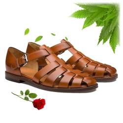 YHTRFDMSG Römische Sandalen für Herren, breite Passform, Lederpantoletten, Wandersandalen, Gladiator, geschlossene Zehenpartie, Sommersandalen, Fischer, Wandersandalen von YHTRFDMSG