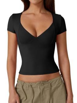 Damen Sexy V-Ausschnitt Y2K Kurzarm T-Shirts Damen Crop Tops Shirt Doppelt gefüttertes T-Shirt Seamed Cup Ausgehen Tops (Schwarz, x_l) von YILEEGOO