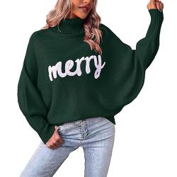 YILEEGOO Damen-Pullover mit Aufschrift "Merry Christmas", Rollkragen, Fledermausärmel, langärmelig, Buchstabenstickerei, lockerer Strickpullover, Weihnachtspullover, dunkelgrün, M von YILEEGOO