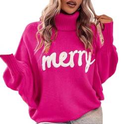 YILEEGOO Damen-Pullover mit Aufschrift "Merry Christmas", Rollkragen, Fledermausärmel, langärmelig, Buchstabenstickerei, lockerer Strickpullover, Weihnachtspullover, rose, XL von YILEEGOO