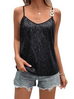 YILEEGOO Damen-Tanktop mit Pailletten, glitzernd, ärmellos, Tank-Top, Kettenriemen, schimmernd, Cami-Weste, Hemd, Club, Streetwear, W1 Black, Large von YILEEGOO