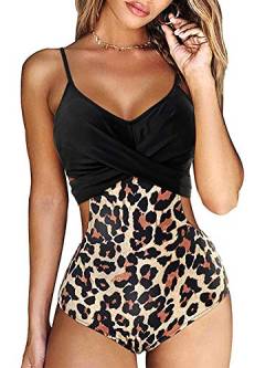 YILEEGOO Frauen Wrap Einteiler Push Up Hohe Taille Badeanzüge Ausschnitt Monokini Bademode, leopard, S von YILEEGOO