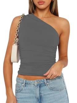 YILEEGOO Sexy ärmelloses Tanktop für Damen, schulterfrei, gerüscht, enganliegend, Y2K, trendiges Cami-Oberteil, Z1 Grau, Small von YILEEGOO