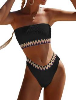 YIMISAN Zweiteiliger Bandeau-Badeanzug für Damen, gerippt, trägerlos, Schlauch-Bikinioberteil mit mittlerer Taille, freches Unterteil, Schwarz1, XS von YIMISAN