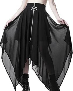 Tüllrock Damen Lang Schwarze Gothic Kleidung Damen Goth High Waist Taschentuchsaum Röcke Kurzer Skater Röcke Midirock Sommerrock Punk Plissee Midi-Rock von YINGWIN