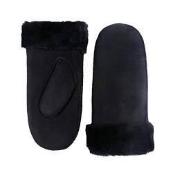 YISEVEN Damen Lammfell Fäustlinge Shearling Robust Dickehandschuhe Lederhandschuhe Gefüttert Lammfellhandschuhe Leder Fäustling Fell Damenhandschuhe Fellhandschuhe Geschenke, Schwarz S von YISEVEN