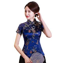 YIZHIWANG Vintage-Blumen-Frauen-chinesisches traditionelles Satin-Sommer-Hemd-Neuheit-Drache-Kleidungs-Oberseiten-Neuheit-Kleidung A0018 navyblue XL von YIZHIWANG