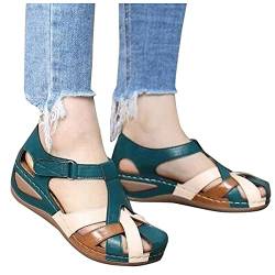 YJHQSS Sandalen für Damen, Sommer-Keilsandalen, Sommer-Sandalen mit hohlen, geschlossenen Zehen, Vintage-Sandalen aus weichem Leder, geschlossene Zehenpartie, rutschfeste Sandalen, Blau, 41 (Grün 42) von YJHQSS