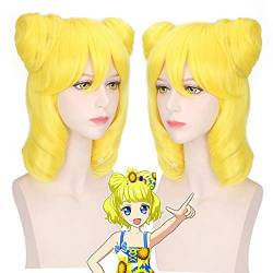 YJIALI anime cosplay perücke Pripara Minami Mirei Anime Cosplay Perücke Mit Doppel Brötchen Kunsthaar Halloween Kostüm Meddium Lange Wellenförmige Gelbe Frau Perücken von YJIALI