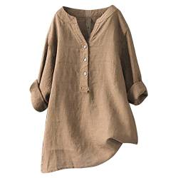 Leinen Bluse Damen Leinenbluse Damen Oberteile Damen Sommer Langarm Große Größen Hemdbluse Blusenkleid Damen Tunika V-Ausschnitt Langarmshirt Leinen Baumwolle Hemd Musselin Bluse Damen (Khaki #4, L) von YLLQXI