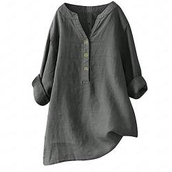 Leinenbluse Damen Sommer Leinen Bluse Damen Oberteile Damen Langarm Große Größen Hemdbluse Blusenkleid Damen Tunika V-Ausschnitt Langarmshirt Leinen Baumwolle Hemd Knopf Einfarbig (Dark Gray #1, XL) von YLLQXI