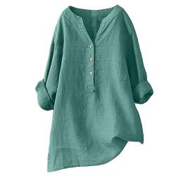 Leinenbluse Damen Sommer Leinen Bluse Damen Oberteile Damen Langarm Große Größen Hemdbluse Blusenkleid Damen Tunika V-Ausschnitt Langarmshirt Leinen Baumwolle Hemd Knopf Einfarbig (Green #9, XXXXL) von YLLQXI