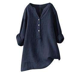 Leinenbluse Damen Sommer Leinen Bluse Damen Oberteile Damen Langarm Große Größen Hemdbluse Blusenkleid Damen Tunika V-Ausschnitt Langarmshirt Leinen Baumwolle Hemd Knopf Einfarbig (Navy #6, XL) von YLLQXI