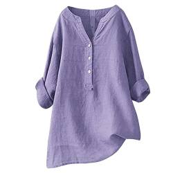 Leinenbluse Damen Sommer Leinen Bluse Damen Oberteile Damen Langarm Große Größen Hemdbluse Blusenkleid Damen Tunika V-Ausschnitt Langarmshirt Leinen Baumwolle Hemd Knopf Einfarbig (Purple #5, XXXXL) von YLLQXI