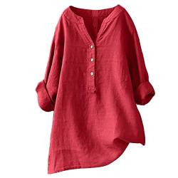 Leinenbluse Damen Sommer Leinen Bluse Damen Oberteile Damen Langarm Große Größen Hemdbluse Blusenkleid Damen Tunika V-Ausschnitt Langarmshirt Leinen Baumwolle Hemd Knopf Einfarbig Musselin (Red #9, L) von YLLQXI