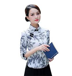 YLfly Damen Qipao Tops Mandarinenkragen Chinesische Hemd Bluse Frosch Knopf, weiß, 36 von YLfly