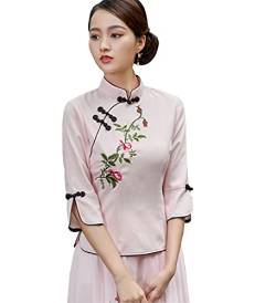 YLfly Damen Rose Stickerei Qipao Tops Mandarinenkragen Chinesische Hemd Bluse Baumwolle Hemden, rose, 38 von YLfly