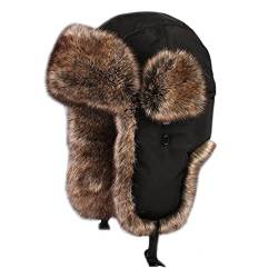 YM YOUMU Unisex Winter Russische Trapper Ushanka Russische Mütze mit Fell Ohrenklappen Trooper Bombermütze zum Skifahren, D055-braun-schwarz, S von YM YOUMU