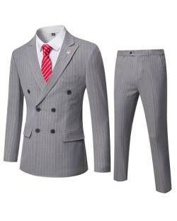 YND Herren 2 Stück Slim Fit Anzug Zweireiher Streifen Smoking Set mit Krawatte Party Hochzeitskleid Blazer Smoking Hose, GRAU, M von YND