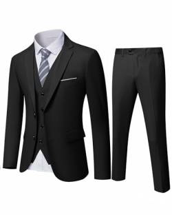 YND Herren-Anzug-Set, schmale Passform, 2 Knöpfe, 3-teilig, einfarbig, Blazer, Jacke, Weste, Hose und Krawatte, Schwarz, M von YND