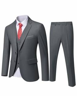 YND Herren Slim Fit 2 Knöpfen 3-teiliges Anzugset Solid Blazer Jacke Weste Hose & Krawatte, dunkelgrau, M von YND