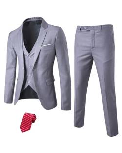 YND Herren Slim Fit 3-teiliges Anzug-Set, Ein-Knopf-Blazer, Weste, Hose mit Krawatte, GRAU, S von YND