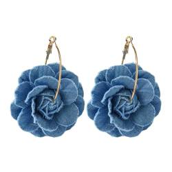 YOGOTEU Blumen-Ohrringe, handgefertigte Kamelien-Blumenohrringe, blaue Blumen-Ohrringe, stilvolle Denim-Blumen, Tropfen-Ohrschmuck, Schmuck für Damen von YOGOTEU